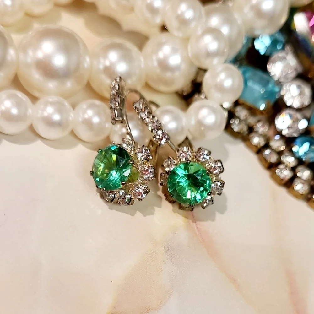 Vintage Green Crystal Rhinestone Lever back Earrings